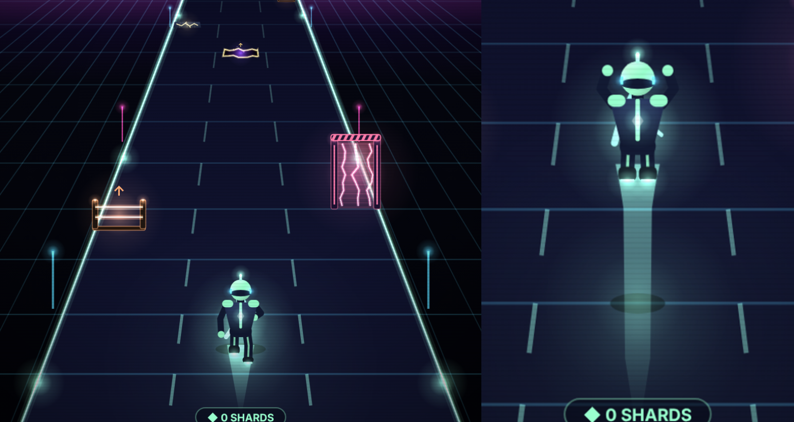 Rift Raiders artwork: a mint robot races past gold shards and electric obstacles toward a glowing neon portal
